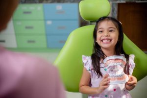 Smiling young girl in a dental chair holding a model of a set of teeth