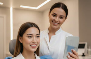 Dentist showing patient their new veneer smile results at Yonge Eglinton Dental in Toronto