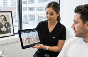 Dental professional showing patient a comparison of dental implants and bridges on a tablet