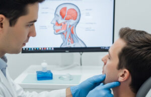 A dentist wearing blue gloves performs a physical examination of a male patient's jaw and TMJ area in a dental office, with a medical diagram of jaw muscles visible on a screen in the background.