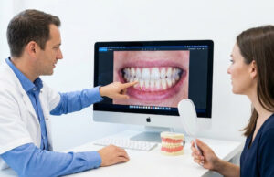 Dentist showing patient gum recession on a monitor during a dental consultation