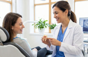 Dentist holding a tooth model and explaining tooth sensitivity after a filling to a patient at a dental office