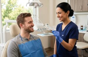 Dentist showing a custom mouthguard to a patient at a Toronto dental office to help prevent chipped and cracked teeth