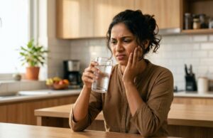 Woman experiencing tooth sensitivity while drinking a cold glass of water at home