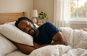 Man sleeping peacefully protected by a custom night guard for teeth grinding
