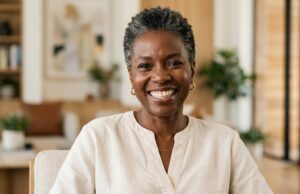 Adult woman with a confident, natural smile after restoring her teeth with dental implants