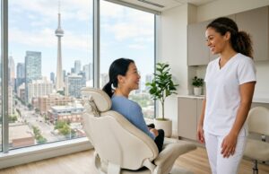 Toronto dentist speaking with a patient in a modern dental office about a gum graft procedure
