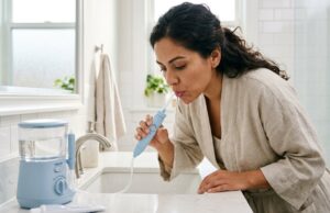 Adult woman using a water flosser at a bathroom sink as an alternative to string floss