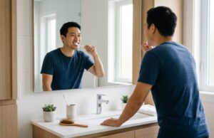 Adult man brushing his teeth with fluoride toothpaste at a bathroom mirror in Toronto