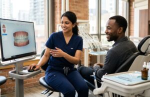 Toronto dentist reviewing a 3D digital scan of a patient's teeth during the Invisalign process consultation