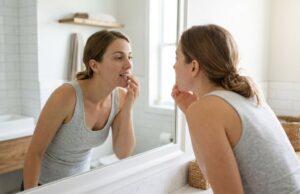 Adult checking white spots on their teeth in a mirror