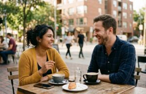 Two adults smiling and laughing together at a Toronto cafe patio
