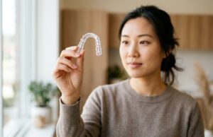 Clear Invisalign aligner tray held up to the light showing attachment pockets