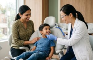 Young child in the dental chair having their bite checked by a dentist, with a parent alongside
