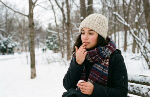 Woman in a winter scarf applying lip balm in a snowy Toronto park