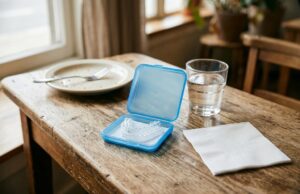 Open aligner case holding a pair of clear aligners on a cafe table during a lunch break