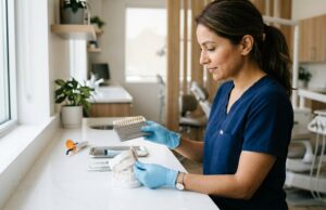 Dentist matching a tooth-coloured composite shade for a filling