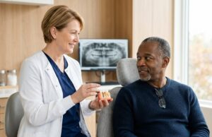 Dentist explaining a dental implant model to a patient in Toronto
