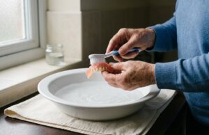Hands gently brushing a denture with a soft brush over a basin of water
