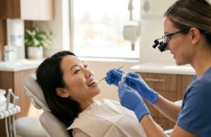 Dentist examining an adult patient's gums during a checkup in midtown Toronto