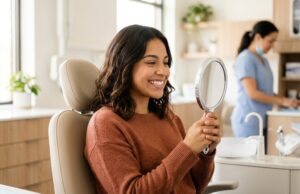 Patient checking her smile in a hand mirror after a professional cleaning
